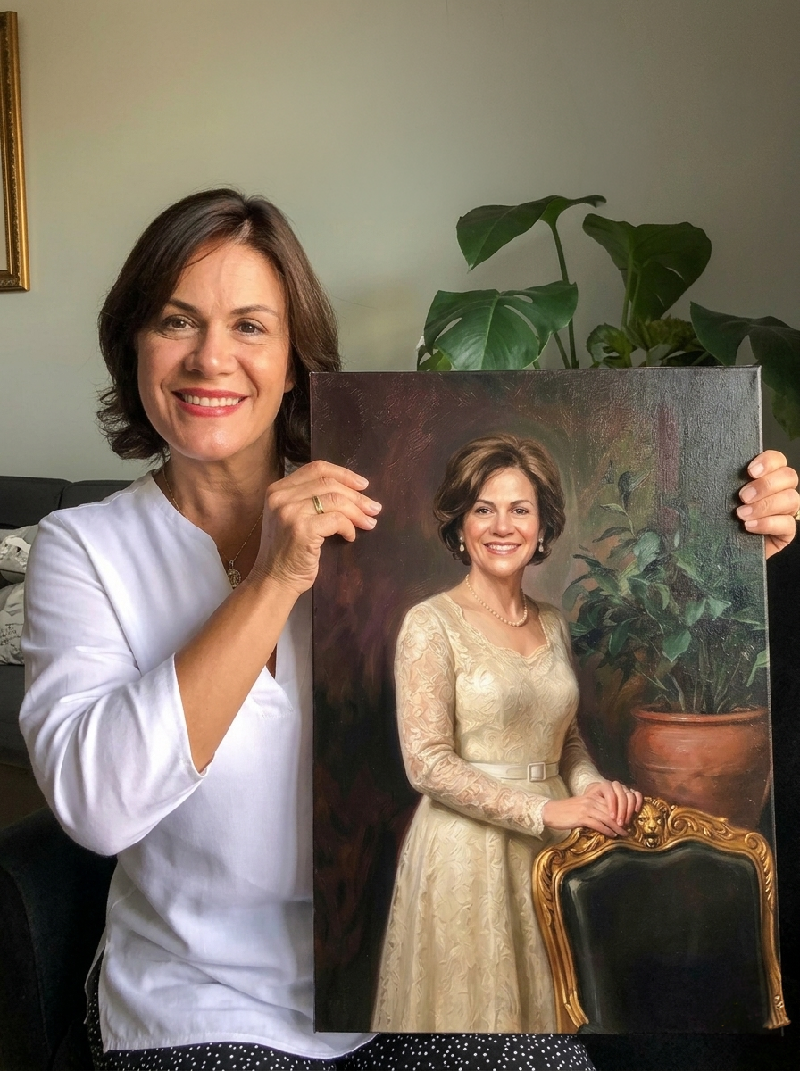 Una clienta sosteniendo su retrato personalizado