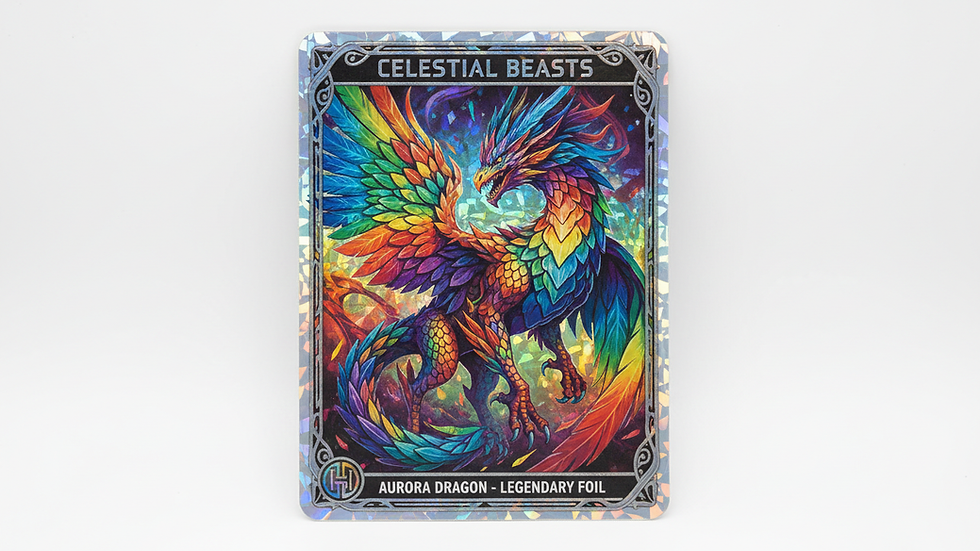 Close-up view of a rare holographic trading card with vibrant colors