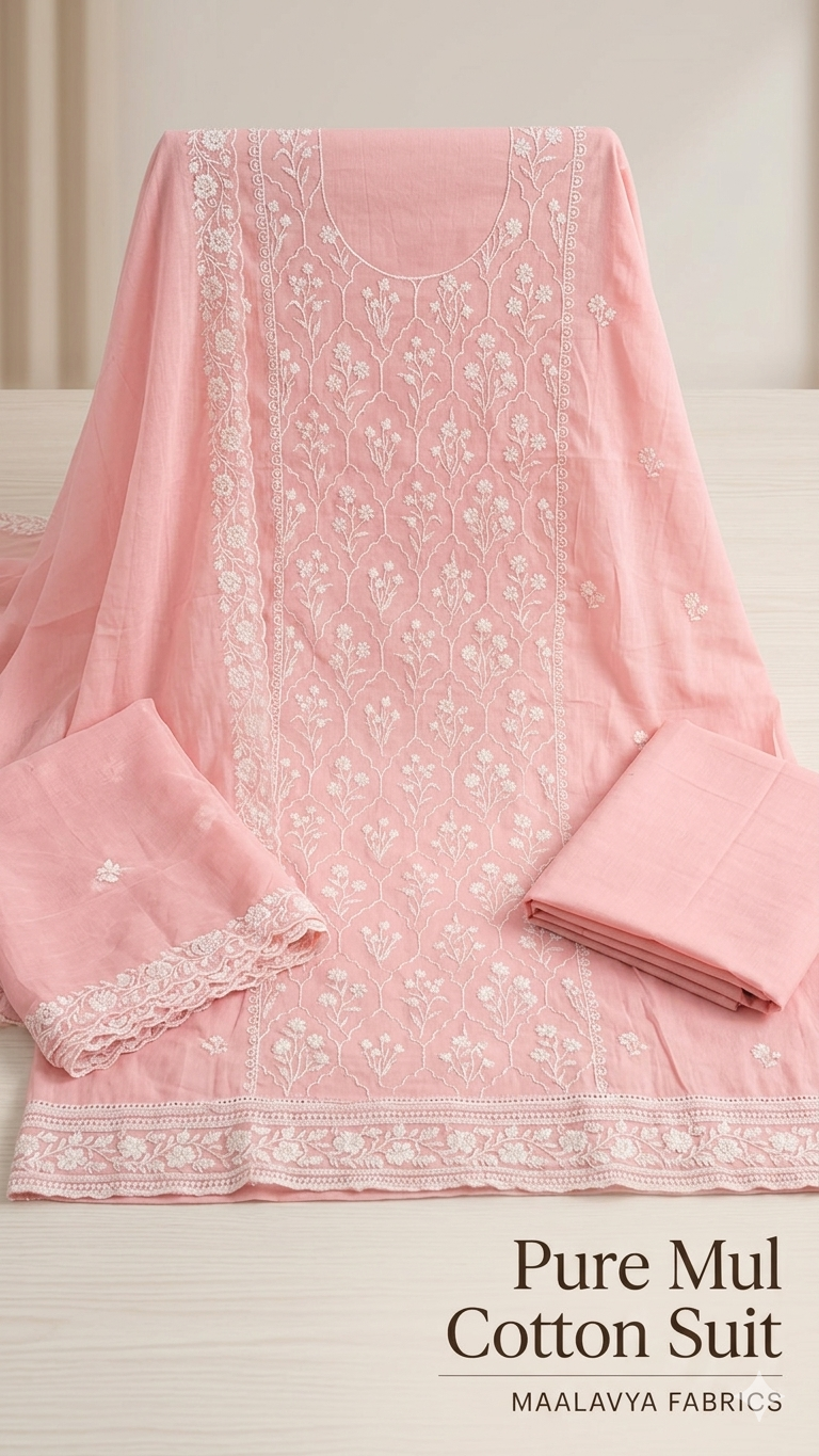 Maalavya unstiched mul cotton suit with Dupatta peach color