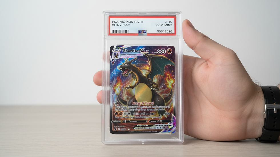 Eye-level view of a rare Pokémon card displayed in a protective case