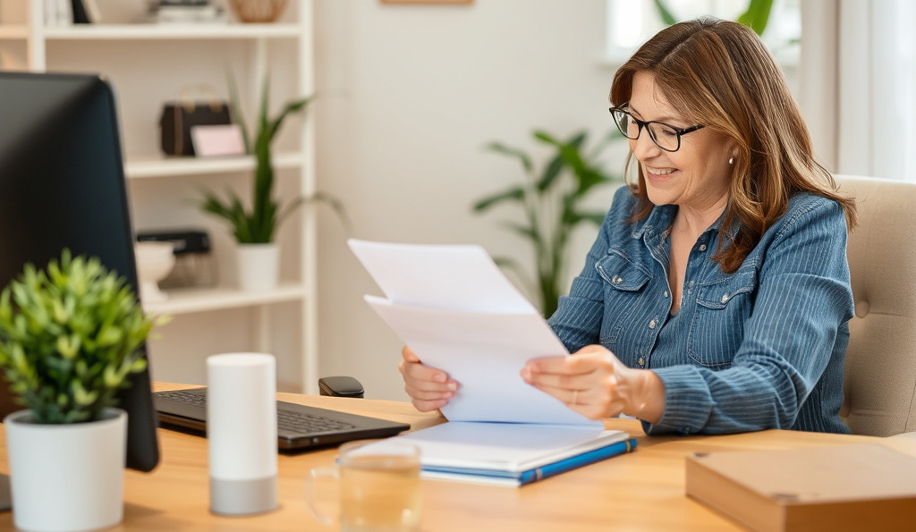 mom in home office paying bill happily.jpg