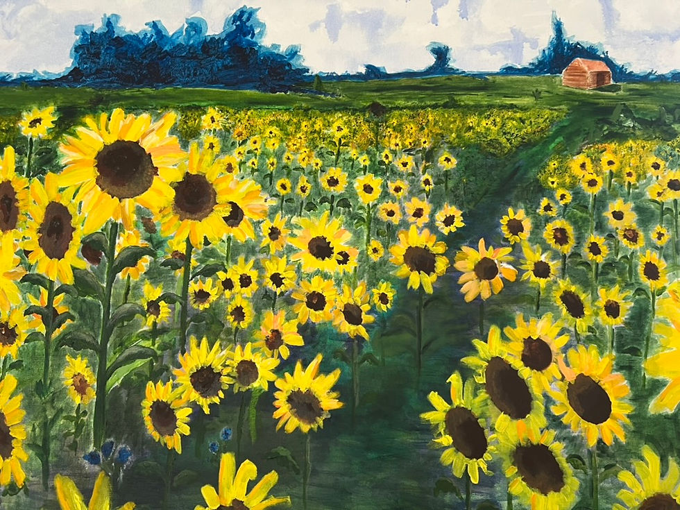 Sunflowers leading to the Threshing Barn, painted in Thursley by Philip Traill, 2003