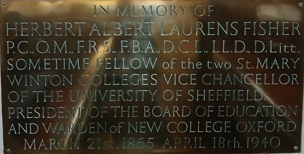 Brass Plaque for H A L Fisher in Brockenhurst Church - Photograph by Sally Scheffers
