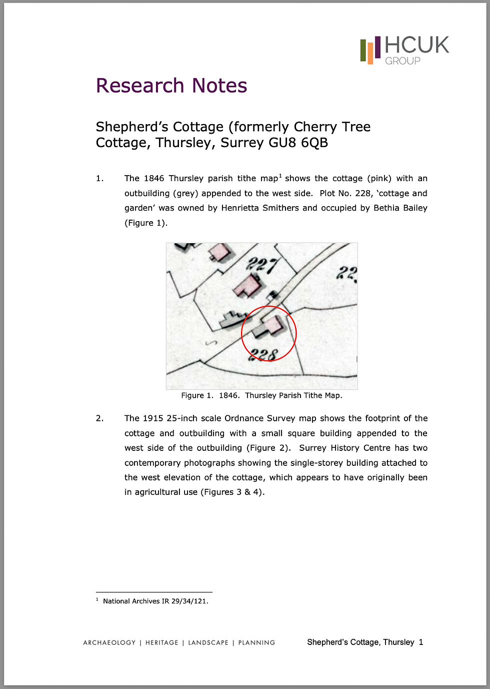 Page 1 of a 21 page report on Shepherd's Cottage by HCUK Group.  The pdf of the report is below.