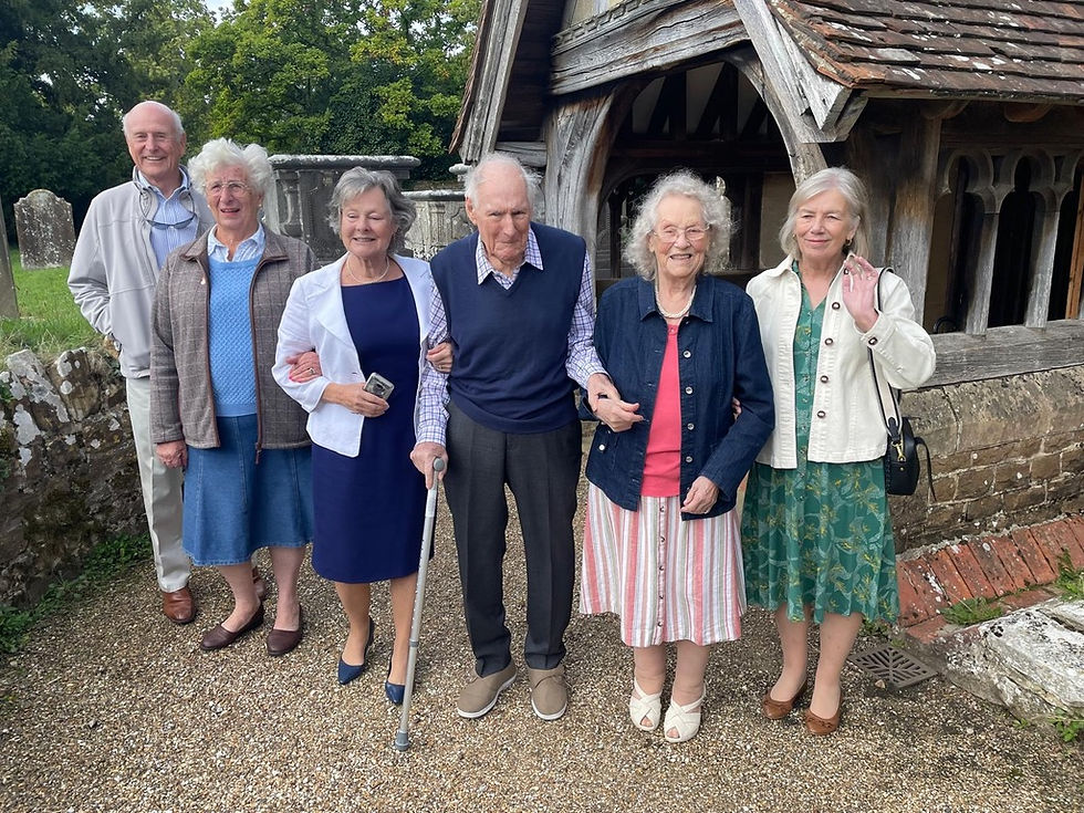 16th September, 2025 - 75 years to the day later, Richard and Peggy returned to St Michael & All Angels. They lived in Heath View (now Acorns) for five years immediately after their marriage. They are photographed with their daughter (next to Richard), daughter-in-law Sheila (next to Peggy) and friends Paul and Sandra Cheeseman from Elstead.