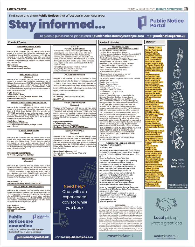 Notice published in the Surrey Advertiser, 28 August 2026