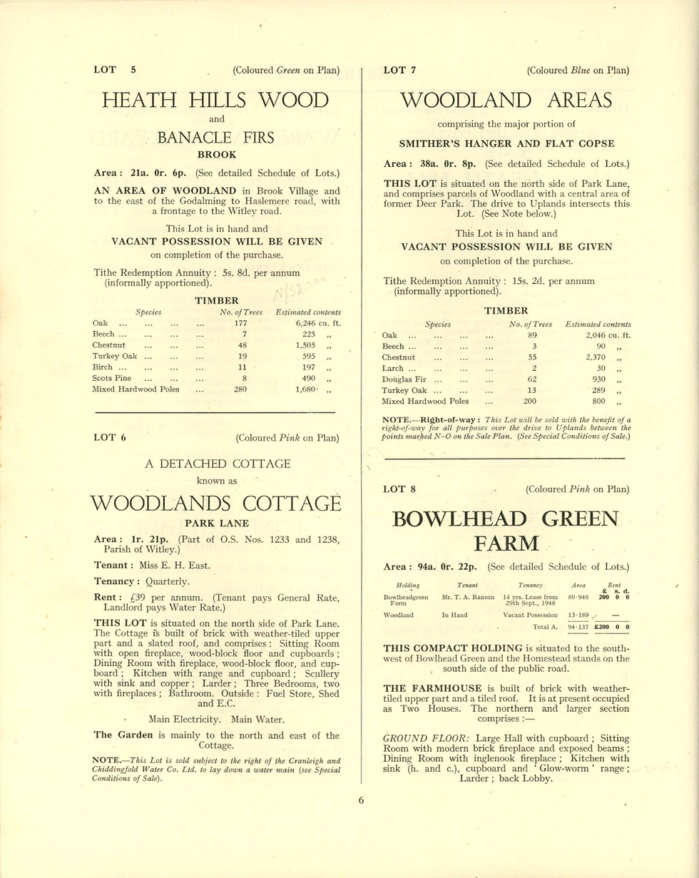 Many of the local farms that exist today were sold in the 1952 sale: Bowlhead Green Farm; Emley Farm; Blackhanger Farm. Other farms sold outside this parish: South Park Farm; Grayswood Farm.