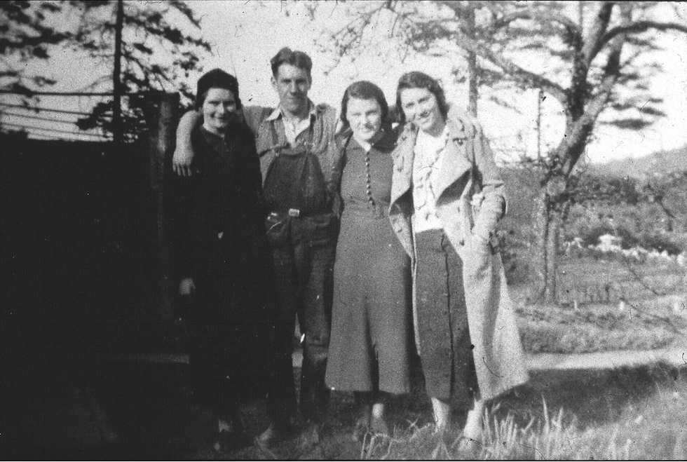 Indoor staff at Dye House, 1936.  Marg Hall; Charles Weeden (chauffeur); Moyra, the kitchen maid; Sam Warner.