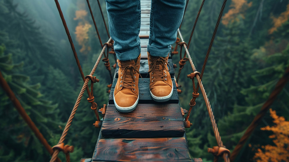 Woman on vacation walking on high, narrow foot bridge