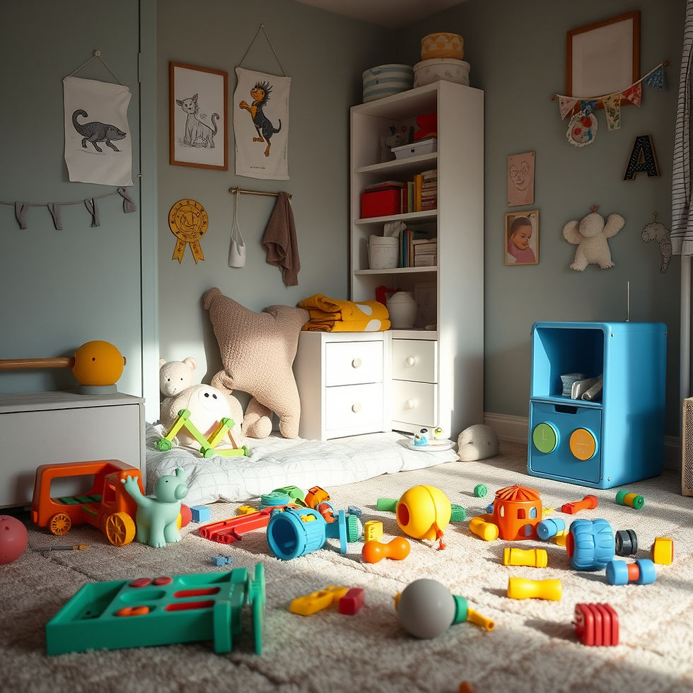 Kinderspielzeuge liegen am Boden im Kinderzimmer verteilt