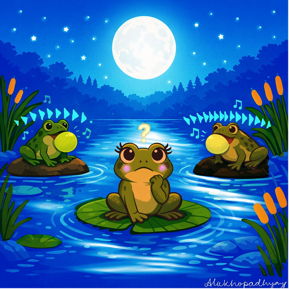 A female female frog sits on a lilypad in a moon-illuminated pond as she listens to the mating calls of nearby male frogs. She ponders who she will choose.
