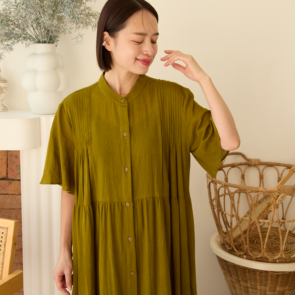 サムネイル： 軽やかコットンピンタックティアードシャツワンピース　オリーブ　0714Olive