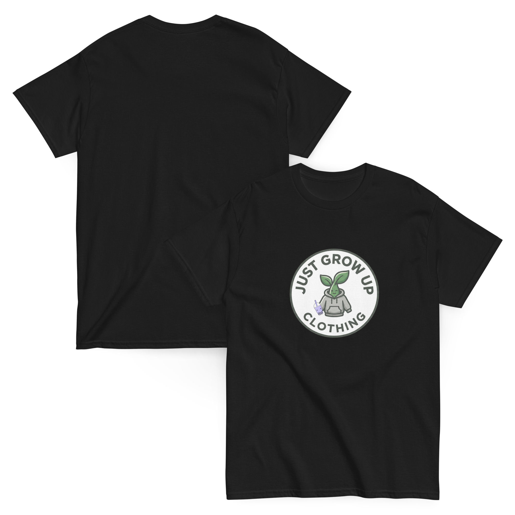 Black t-shirt with Just Grow Up Clothing design with the sprout carrying a purple boba cup