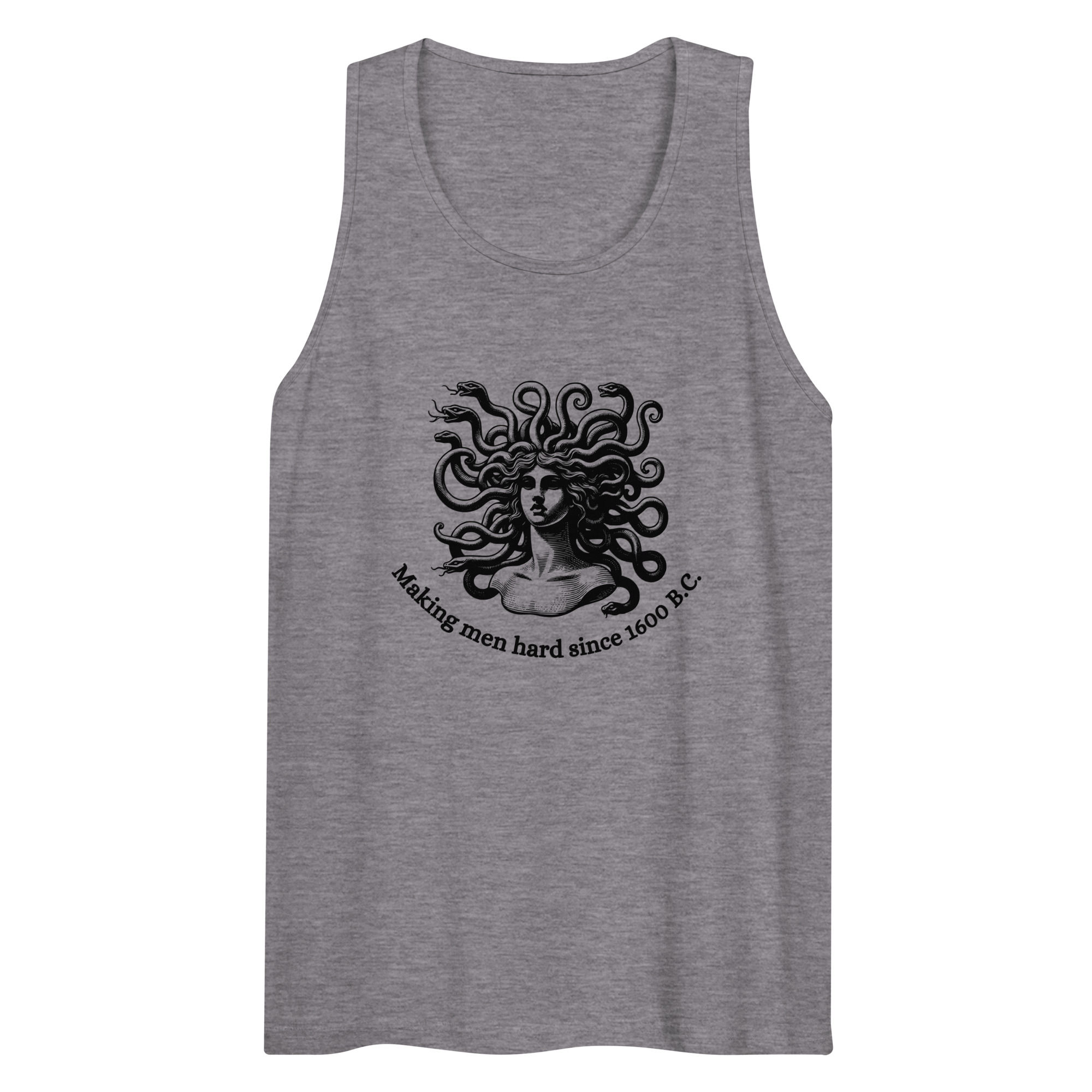 Athletic heather grey tank top with medusa graphic and text that reads making me hard since 1600 B.C.