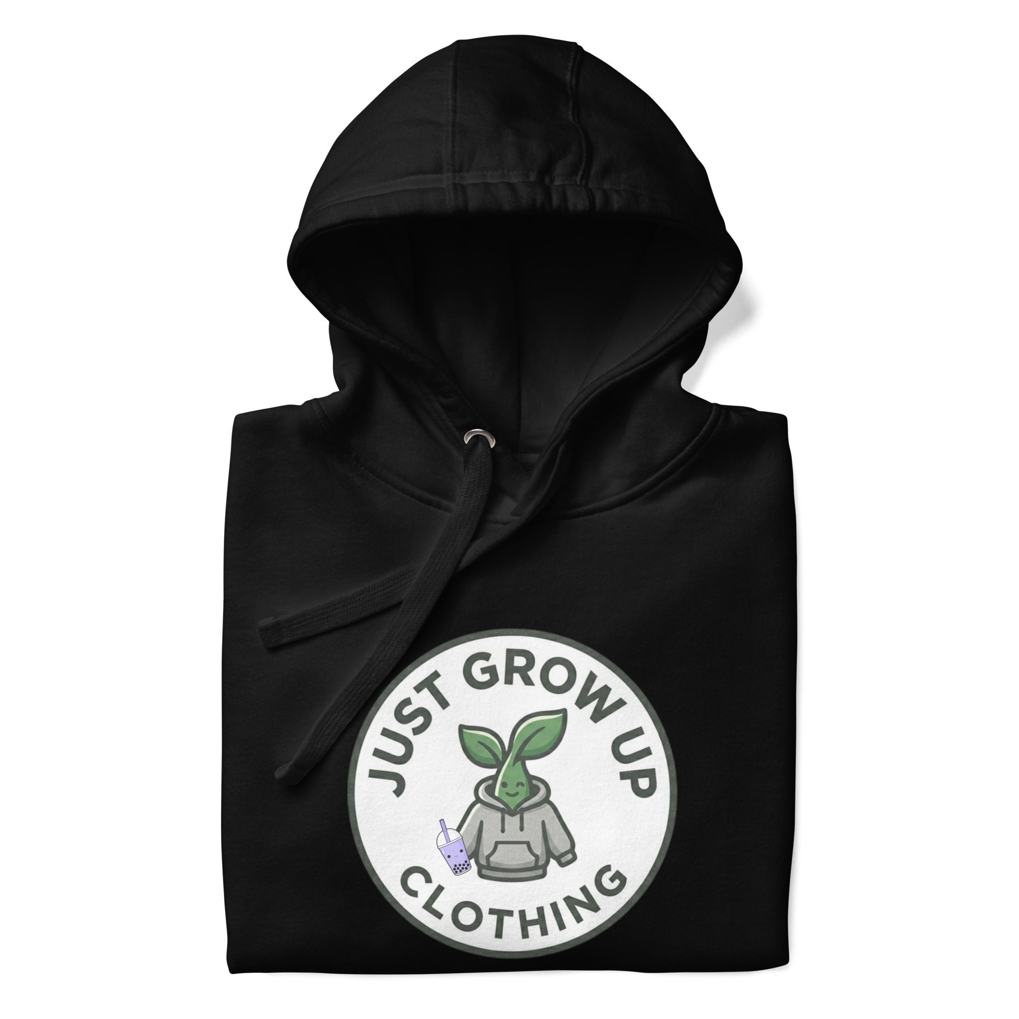 Black hoodie with just grow up clothing design carrying a purple boba cup