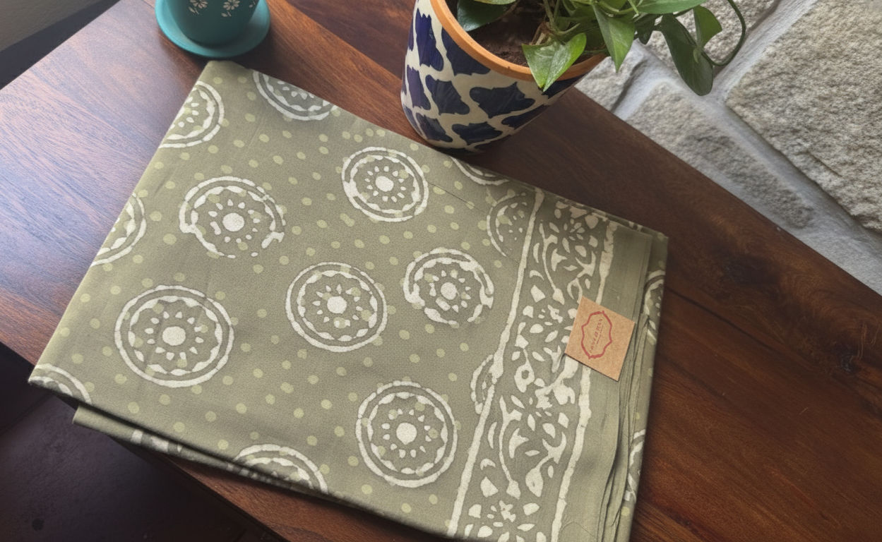 Dabu Handblock Printed Saree - Olive Green