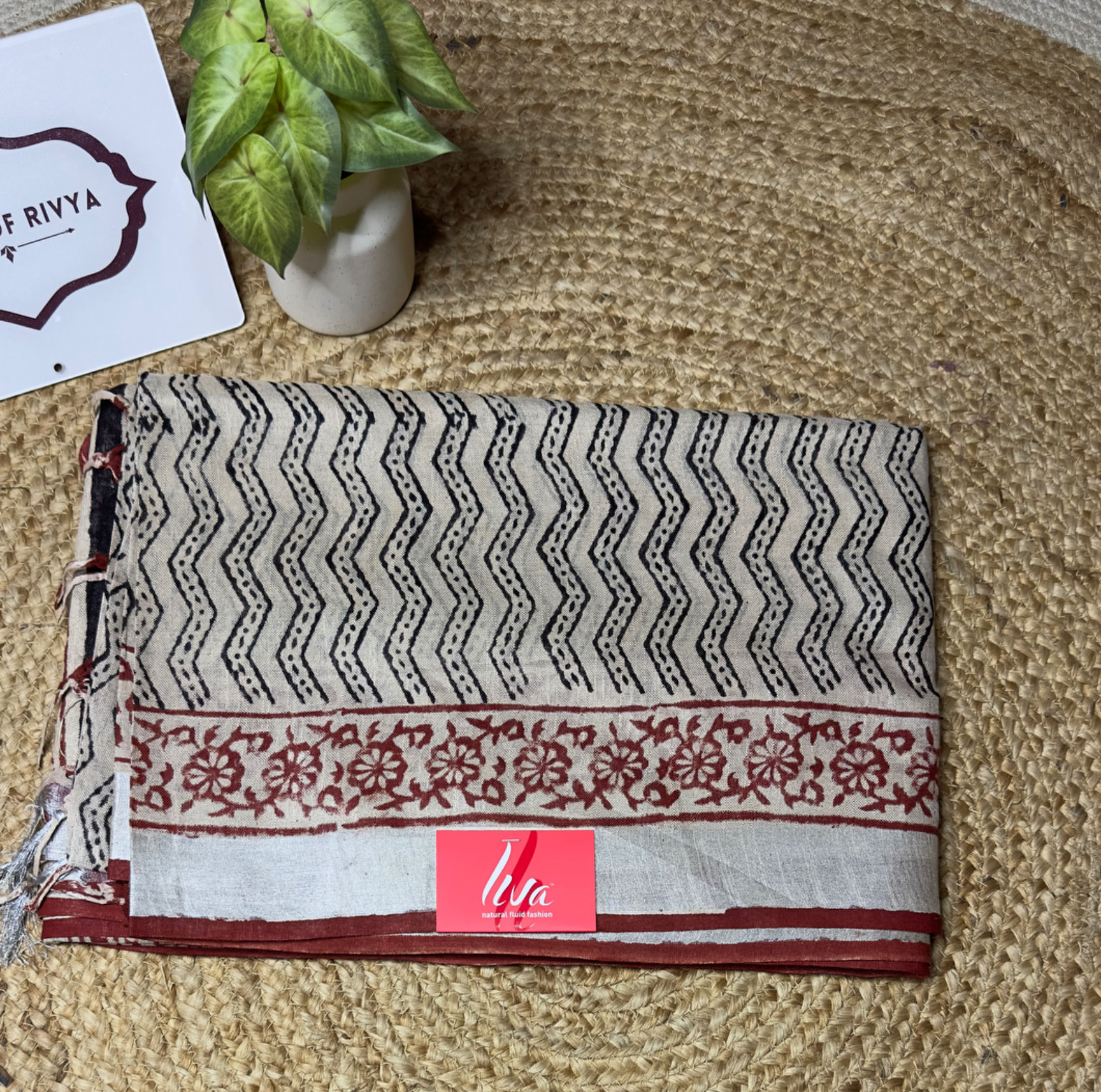 Brick & Black Bagru Zigzag – Liva Linen Saree