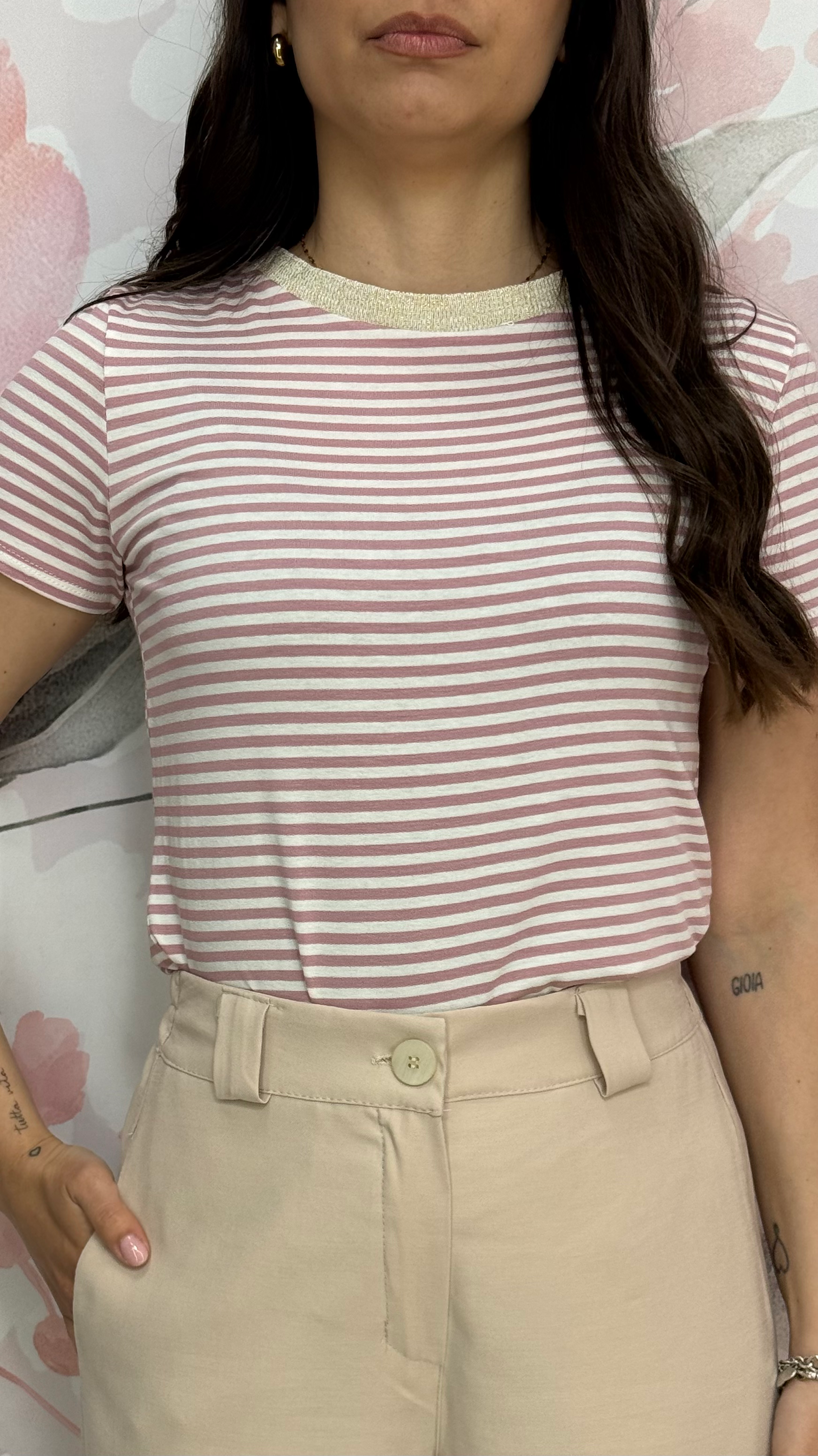 T-SHIRT A RIGHE PANNA/ROSA