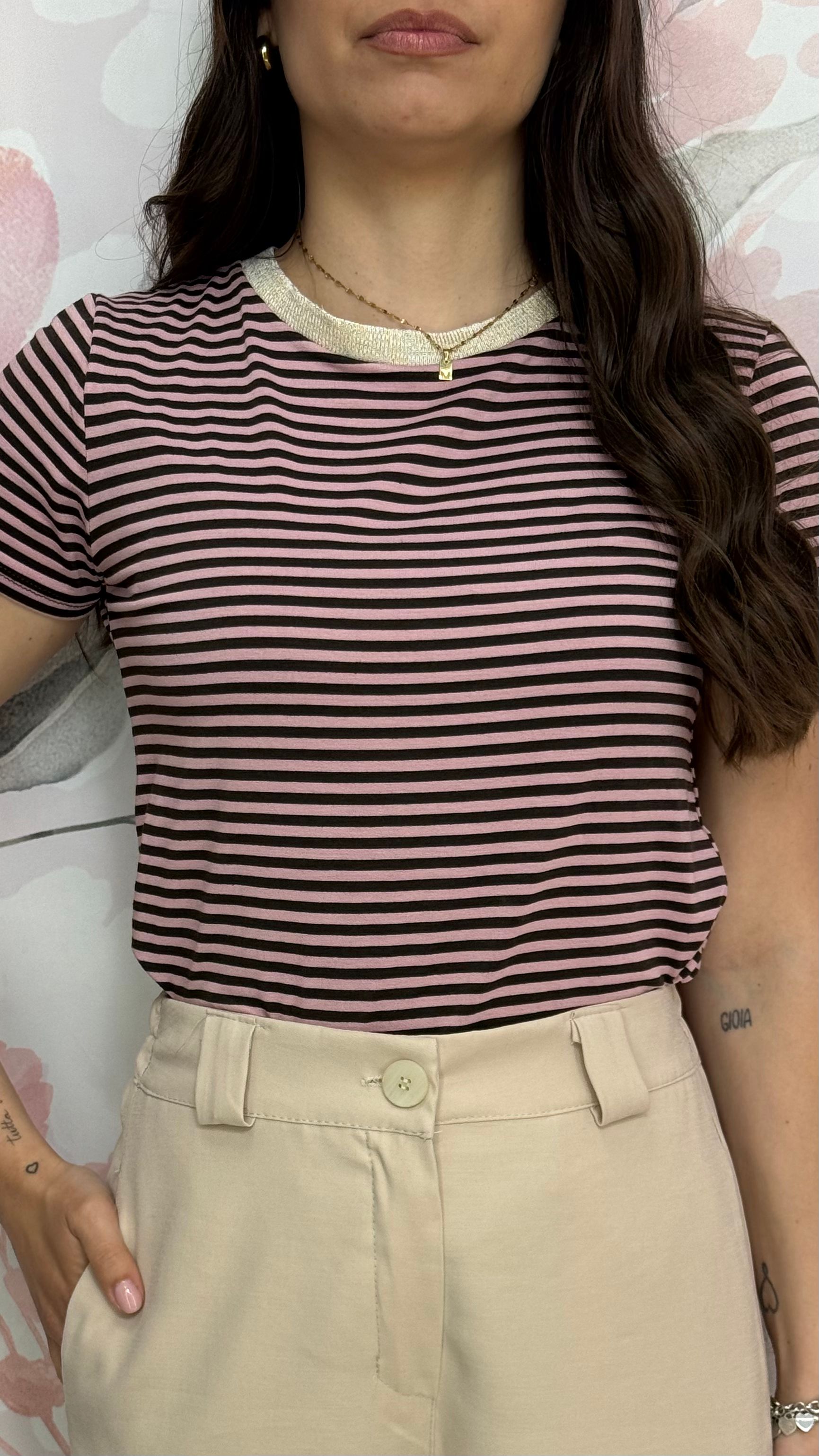 T-SHIRT A RIGHE CHOCO/ROSA