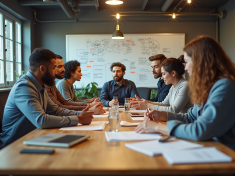 Présentation d'un espace de travail collaboratif où les membres d'une équipe diversifiée échangent