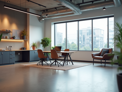 Vue à hauteur des yeux d'un espace de travail moderne comprenant un espace collaboratif