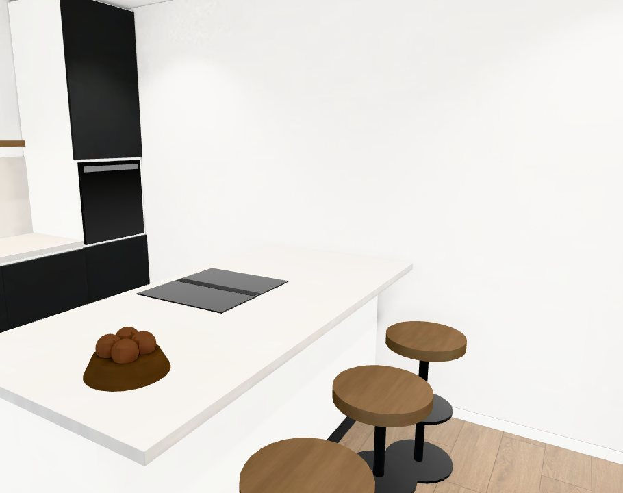3D-Begehung Wohnung 3 im Obergeschoss: Küche mit Kücheninsel und Theke, beispielhaft möbliert