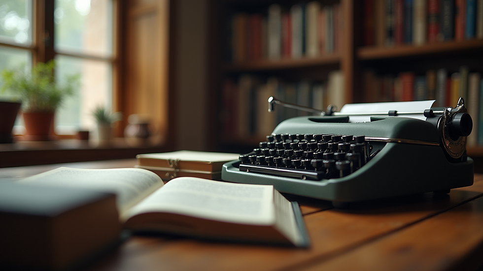 Eye-level view of a cozy writing nook with a typewriter and books