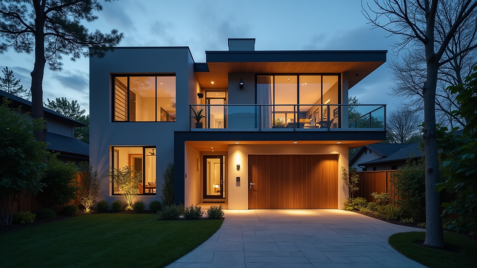 Wide angle view of a modern home exterior with visible security cameras and smart lighting