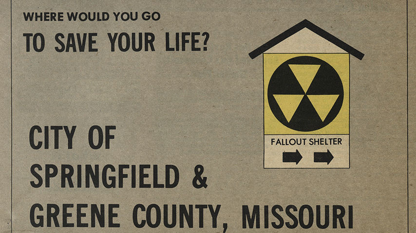 Part of the cover of the 1970 City of Springfield & Greene County, Missouri Community Shelter Plan. An icon of a fallout shelter at right. Text reads: "Where would you go to save your life? City of Springfield & Greene County, Missouri"