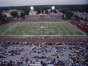 The SMS marching band performing at Plaster Stadium.