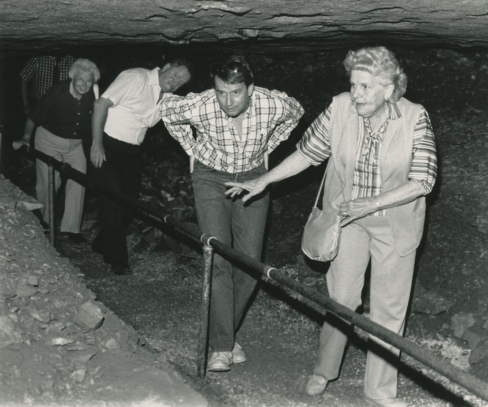 A tour group consisting of men and women of varying ages walks through a low passage in Crystal Cave. A rail is to their right, separating them from limestone formations.