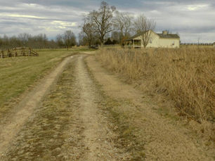 A trace of the Wire Road -- now a faint gravel path -- runs through farmland at Wilson's Creek National Battlefield. An old house with white siding is on the side of the road.