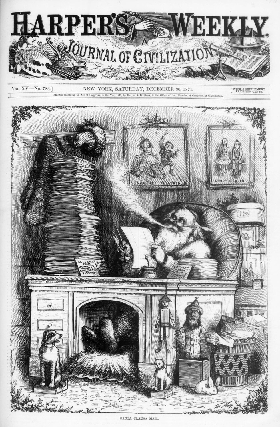 Illustration of Santa Claus sitting at a desk and smoking a cigar. On the left side of the desk is a tall stack of papers labeled "Letters from Naughty Children's Parents." At right is a smaller stack labeled "Letters from Good Children's Parents."