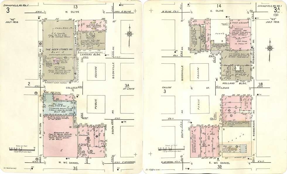 Two Sanborn fire insurance maps depicting Springfield's public square in 1956.