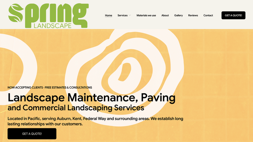 Sitio web de Spring Landscape WA desarrollado por Presencia 360 para una empresa de paisajismo, mantenimiento de jardines, hardscaping y lawn care en Washington.