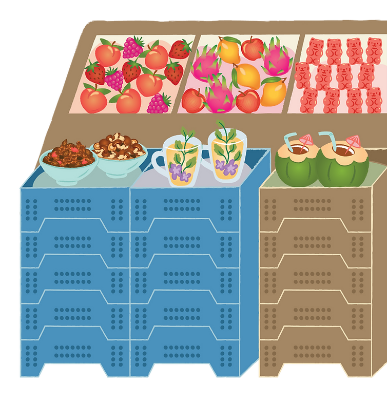 Crates of fruits, snacks and beverages