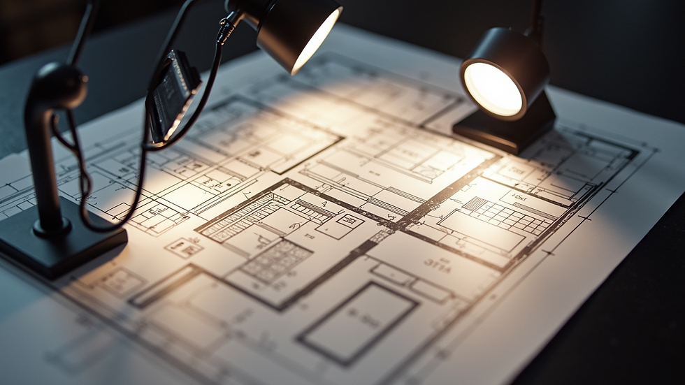 High angle view of lighting layout plan on architectural blueprint