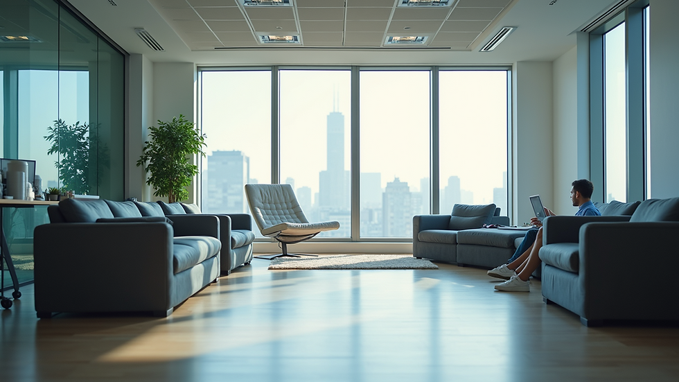Eye-level view of modern office space with large windows and natural light