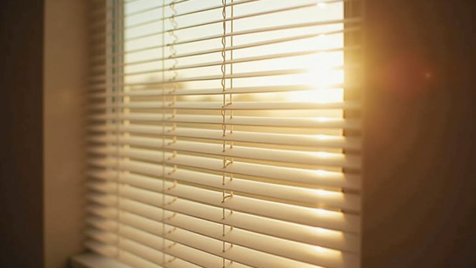 Close-up view of a window with adjustable blinds controlling sunlight