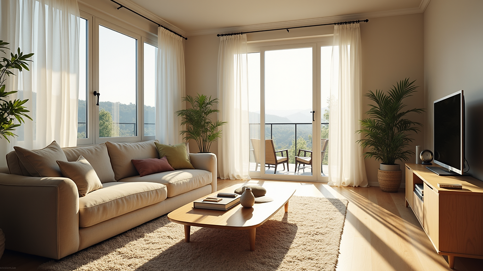 Eye-level view of modern living room illuminated by natural sunlight through large windows