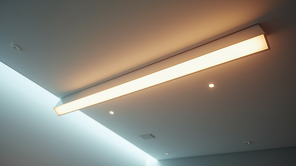 Eye-level view of sleek LED strip lighting integrated into modern ceiling design