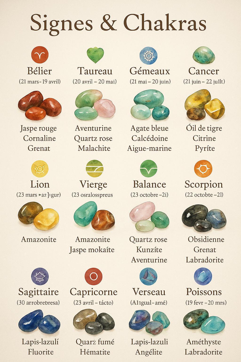 Planche signes et ses pierres à  imprimer 