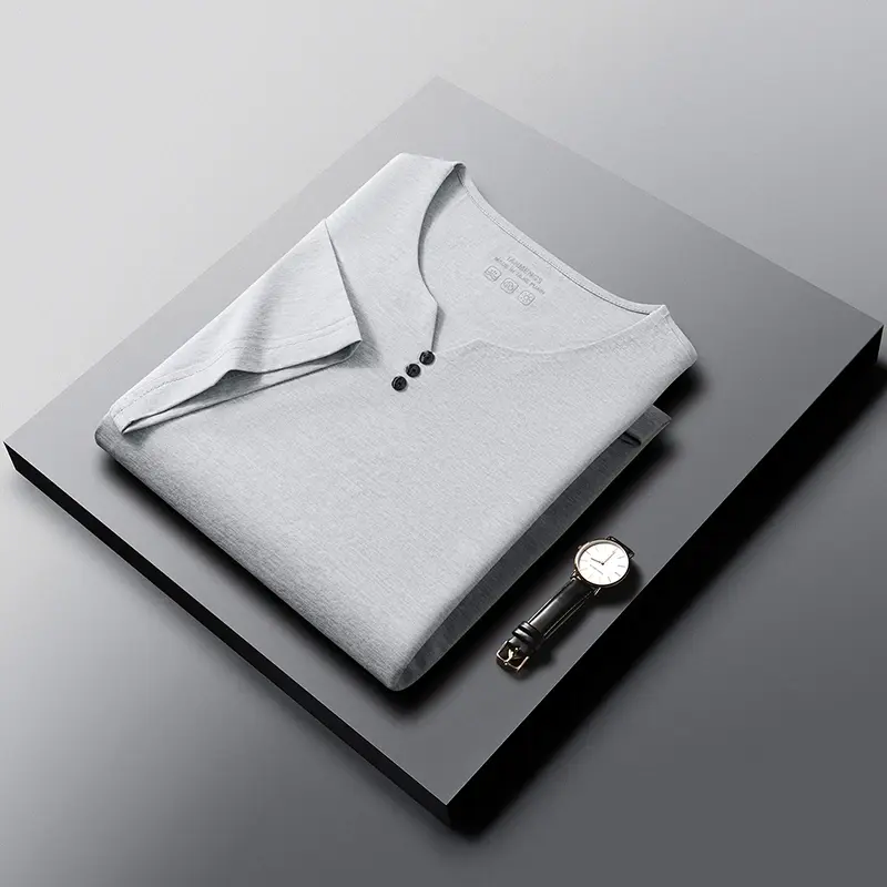 Miniatura: Camisetas Masculinas com Gola Henley, Manga Curta, Casuais, Macias, Respiráveis 