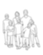 Simple line drawing of a family of 7 black and white