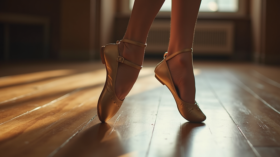 Close-up view of a dance shoe on a wooden floor