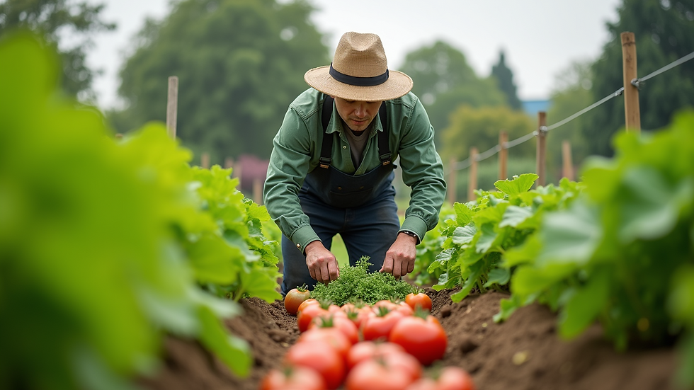 Eye-level view of a farmer working in a vibrant vegetable garden