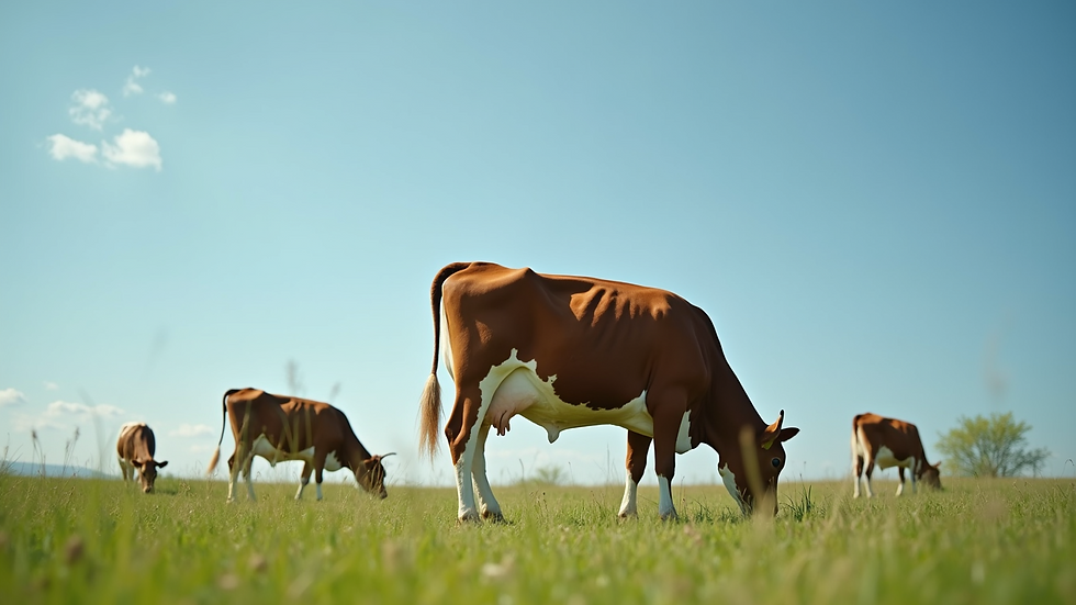 Close-up of healthy pasture with grazing cattle under blue sky