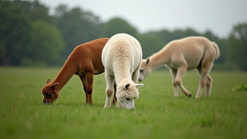 Eye-level view of alpacas grazing in a green paddock