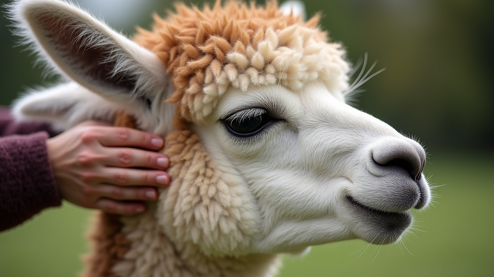 Close-up view of an alpaca being gently petted on the neck
