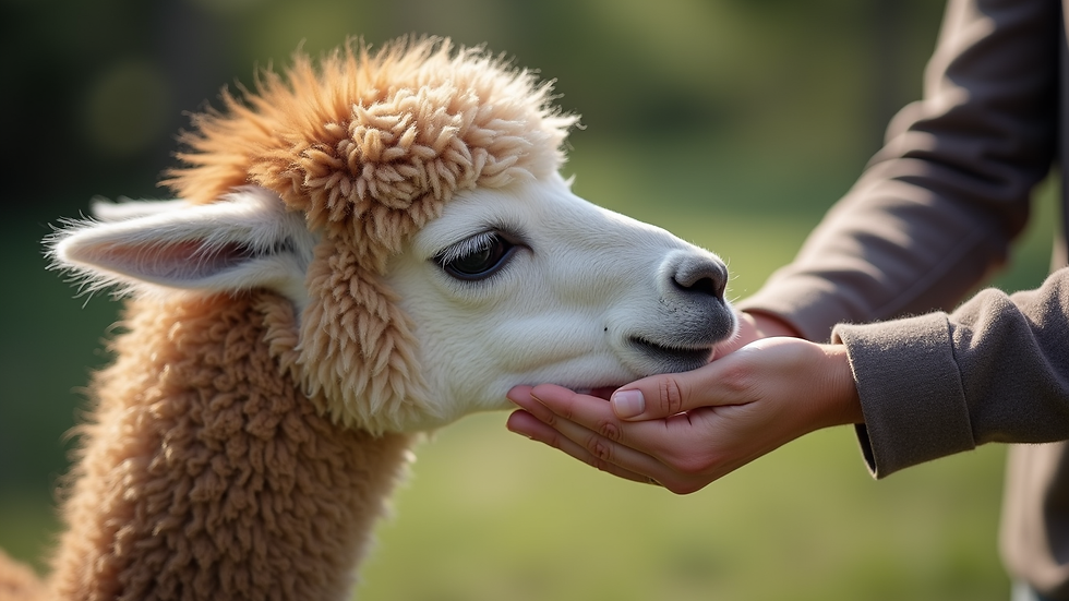 Close-up view of an alpaca being gently petted